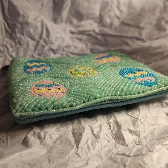 Easter Egg Aqua blue beaded zippered mini clutch, pouch - Picture 8 of 14